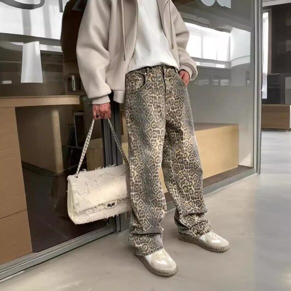 Leopard Print Denim Jeans Women High Rise Baggy Y2k 32 Inseam Stylish - Picture 6 of 6